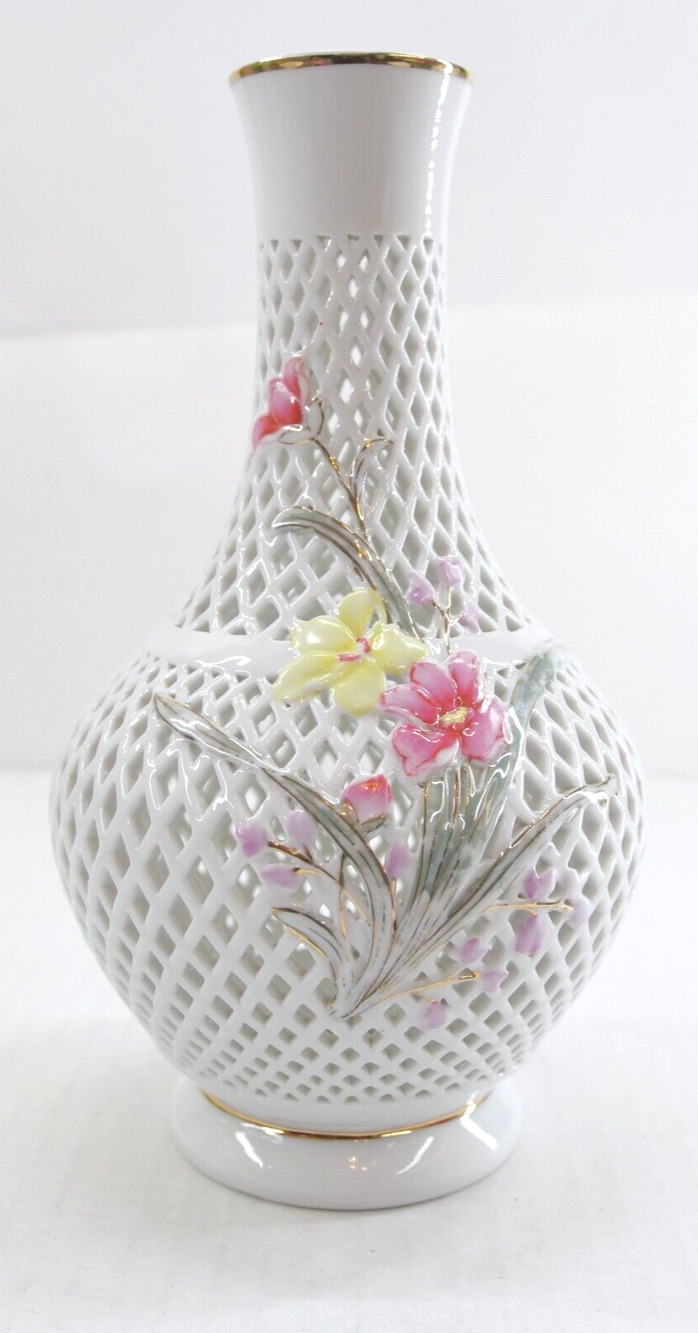 Vintage Perforated Reticulated Porcelain 8" Vase Hand-Painted Diamond-Shaped Cut